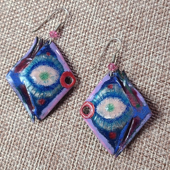 Colorful  purple blue red fish like art painter Earrings - Picture 10 of 12